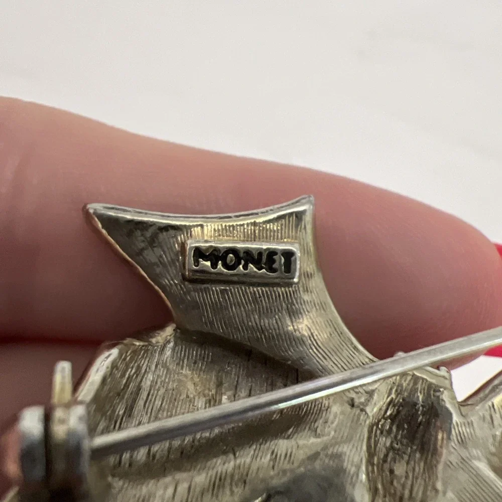 Vintage Monet‎ Bow Brooch Pin Red Enamel Rhinestone Silver Tone Signed
